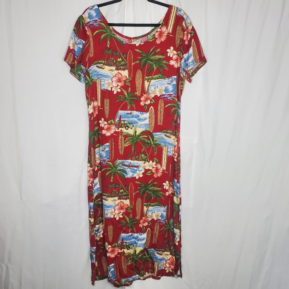 ♤ Hilo Hattie Hawaiian Original Vintage Postcard Print Dress Size Large Red Blue